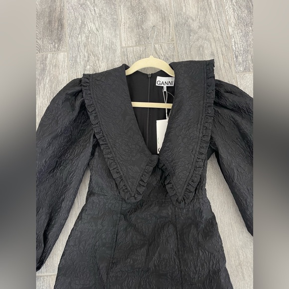 NWT GANNI Women's Black Ruffled Cloqué Mini Dress Size 34 - Picture 5 of 8